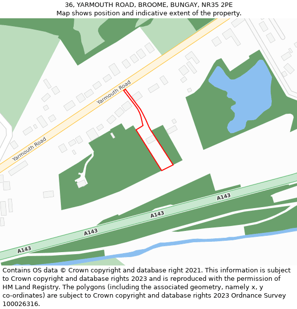 36, YARMOUTH ROAD, BROOME, BUNGAY, NR35 2PE: Location map and indicative extent of plot