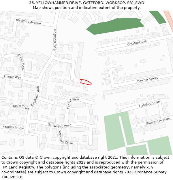 36, YELLOWHAMMER DRIVE, GATEFORD, WORKSOP, S81 8WD: Location map and indicative extent of plot