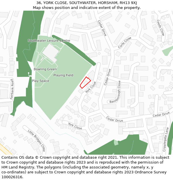 36, YORK CLOSE, SOUTHWATER, HORSHAM, RH13 9XJ: Location map and indicative extent of plot