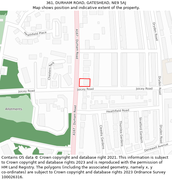 361, DURHAM ROAD, GATESHEAD, NE9 5AJ: Location map and indicative extent of plot
