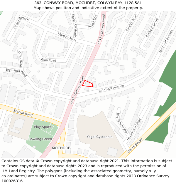 363, CONWAY ROAD, MOCHDRE, COLWYN BAY, LL28 5AL: Location map and indicative extent of plot
