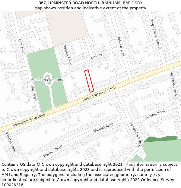 367, UPMINSTER ROAD NORTH, RAINHAM, RM13 9RY: Location map and indicative extent of plot