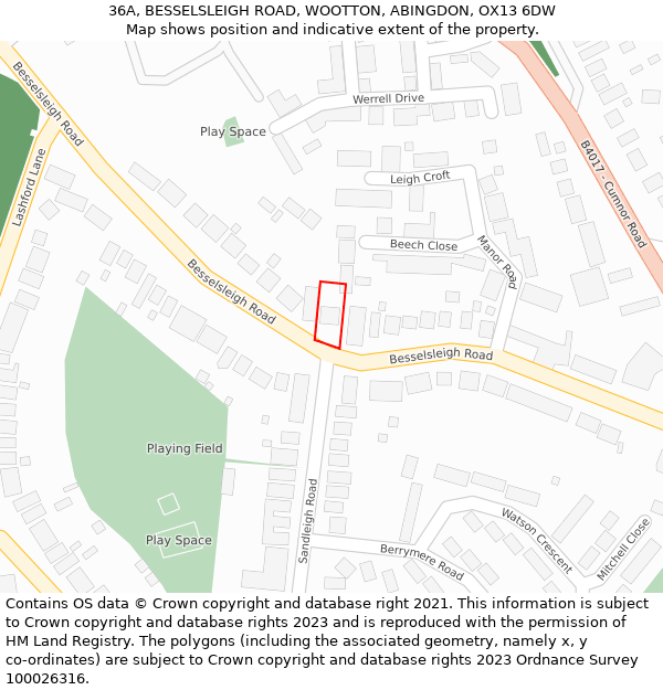 36A, BESSELSLEIGH ROAD, WOOTTON, ABINGDON, OX13 6DW: Location map and indicative extent of plot