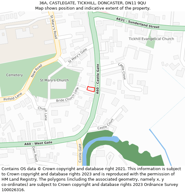 36A, CASTLEGATE, TICKHILL, DONCASTER, DN11 9QU: Location map and indicative extent of plot