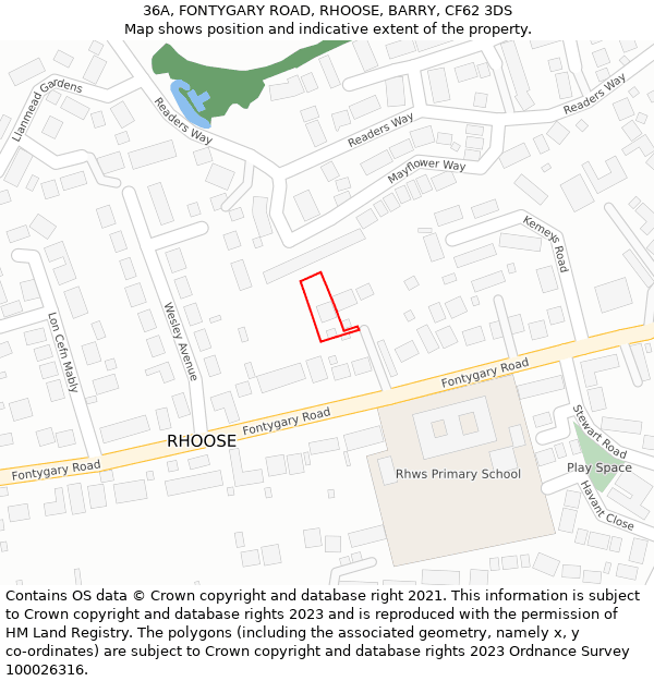 36A, FONTYGARY ROAD, RHOOSE, BARRY, CF62 3DS: Location map and indicative extent of plot