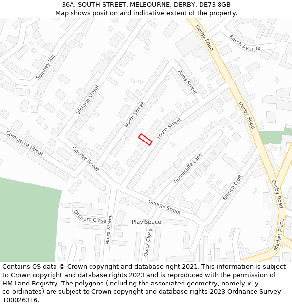 36A, SOUTH STREET, MELBOURNE, DERBY, DE73 8GB: Location map and indicative extent of plot