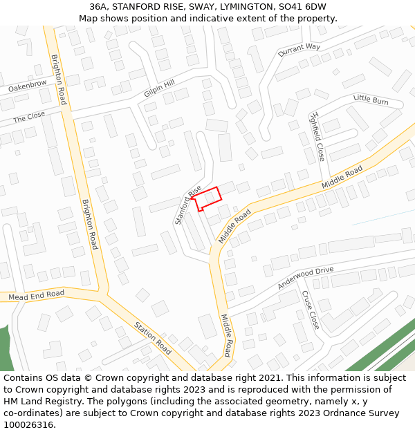 36A, STANFORD RISE, SWAY, LYMINGTON, SO41 6DW: Location map and indicative extent of plot