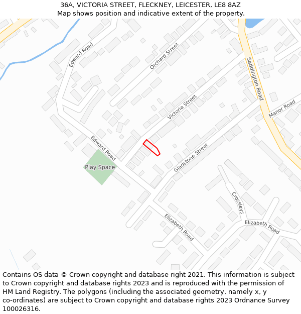 36A, VICTORIA STREET, FLECKNEY, LEICESTER, LE8 8AZ: Location map and indicative extent of plot