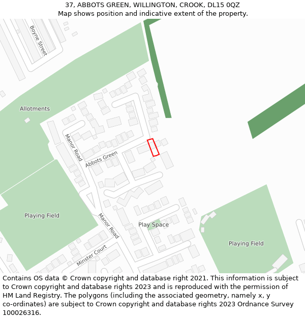 37, ABBOTS GREEN, WILLINGTON, CROOK, DL15 0QZ: Location map and indicative extent of plot