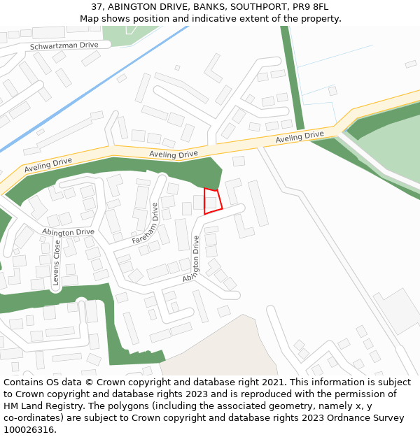 37, ABINGTON DRIVE, BANKS, SOUTHPORT, PR9 8FL: Location map and indicative extent of plot