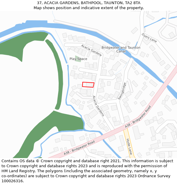 37, ACACIA GARDENS, BATHPOOL, TAUNTON, TA2 8TA: Location map and indicative extent of plot