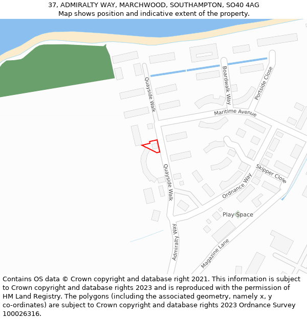 37, ADMIRALTY WAY, MARCHWOOD, SOUTHAMPTON, SO40 4AG: Location map and indicative extent of plot