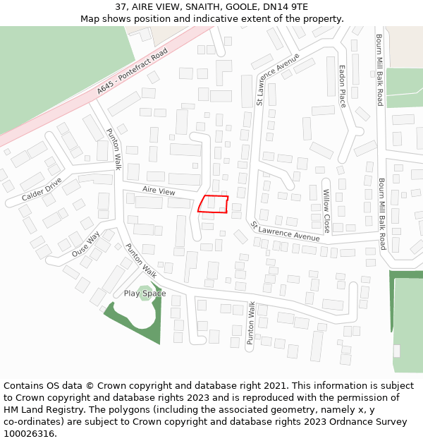 37, AIRE VIEW, SNAITH, GOOLE, DN14 9TE: Location map and indicative extent of plot