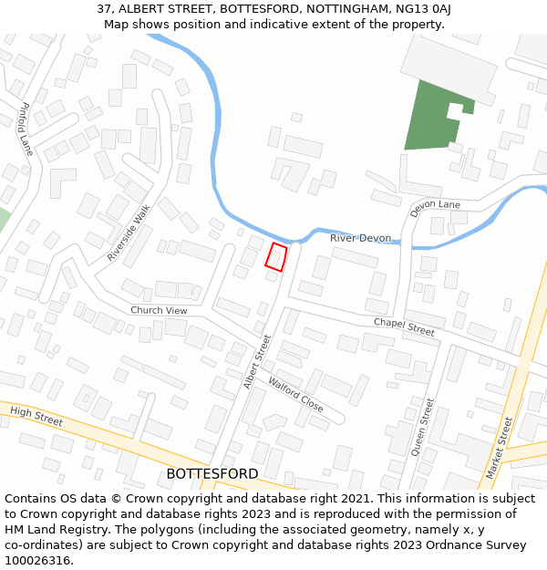 37, ALBERT STREET, BOTTESFORD, NOTTINGHAM, NG13 0AJ: Location map and indicative extent of plot