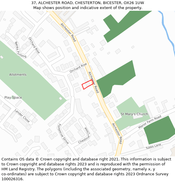 37, ALCHESTER ROAD, CHESTERTON, BICESTER, OX26 1UW: Location map and indicative extent of plot