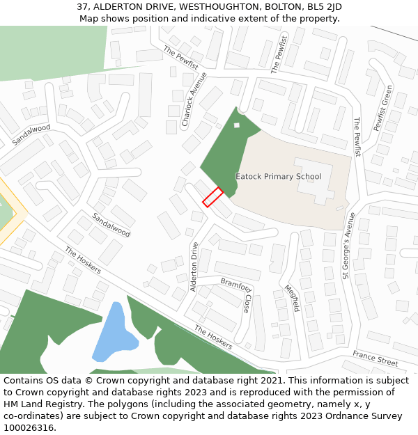 37, ALDERTON DRIVE, WESTHOUGHTON, BOLTON, BL5 2JD: Location map and indicative extent of plot