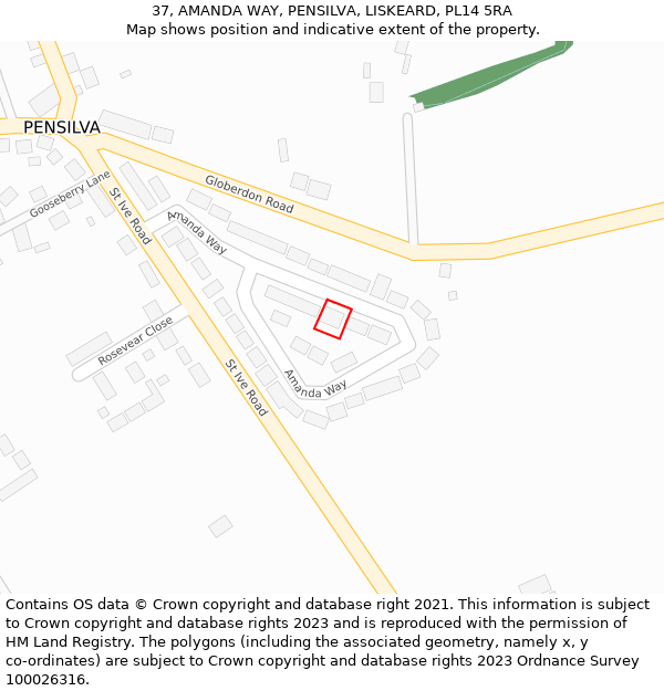 37, AMANDA WAY, PENSILVA, LISKEARD, PL14 5RA: Location map and indicative extent of plot