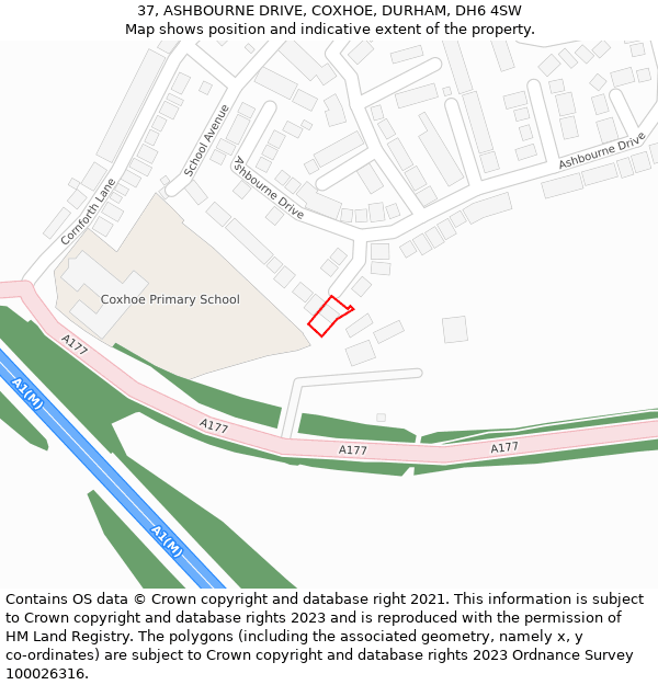 37, ASHBOURNE DRIVE, COXHOE, DURHAM, DH6 4SW: Location map and indicative extent of plot