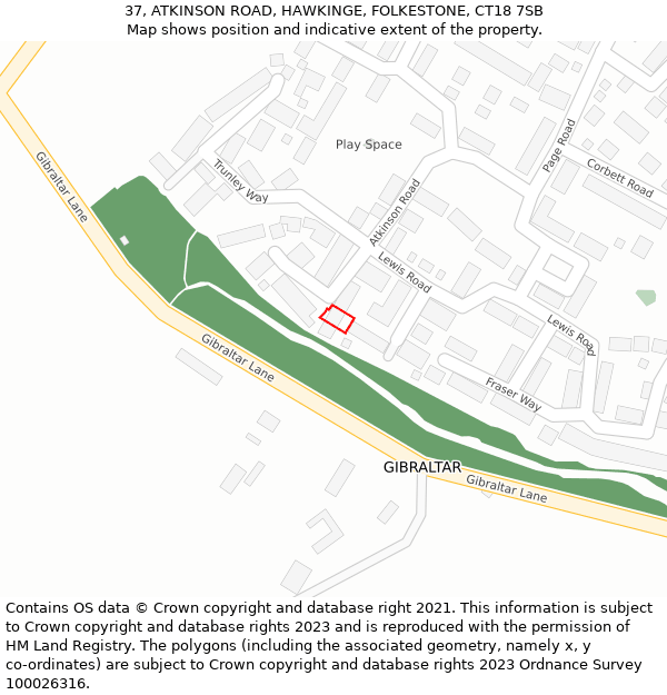 37, ATKINSON ROAD, HAWKINGE, FOLKESTONE, CT18 7SB: Location map and indicative extent of plot