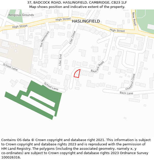 37, BADCOCK ROAD, HASLINGFIELD, CAMBRIDGE, CB23 1LF: Location map and indicative extent of plot