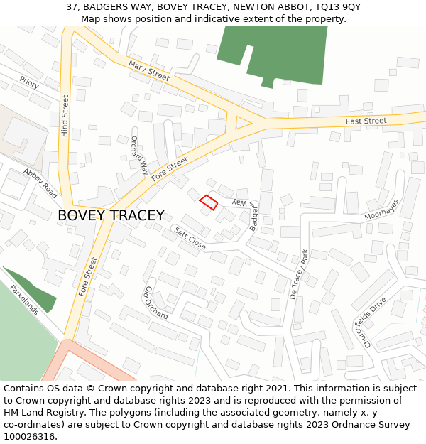 37, BADGERS WAY, BOVEY TRACEY, NEWTON ABBOT, TQ13 9QY: Location map and indicative extent of plot