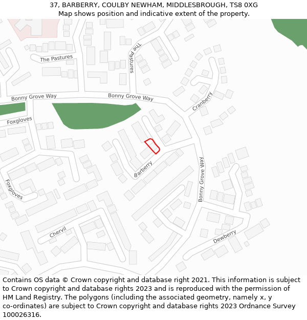 37, BARBERRY, COULBY NEWHAM, MIDDLESBROUGH, TS8 0XG: Location map and indicative extent of plot