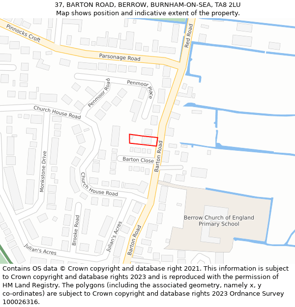 37, BARTON ROAD, BERROW, BURNHAM-ON-SEA, TA8 2LU: Location map and indicative extent of plot