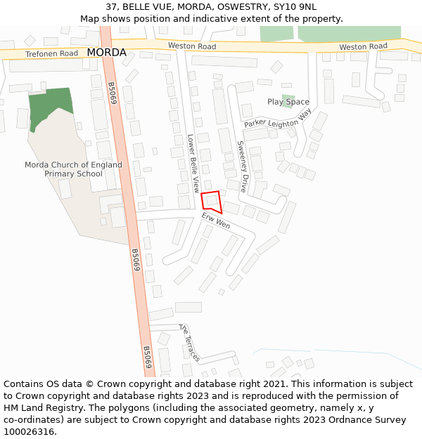 37, BELLE VUE, MORDA, OSWESTRY, SY10 9NL: Location map and indicative extent of plot