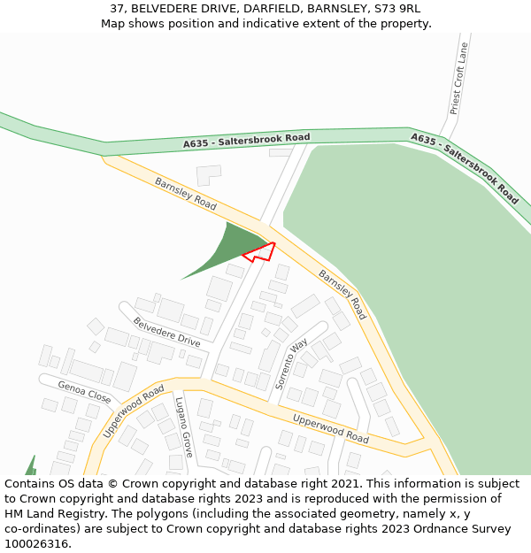 37, BELVEDERE DRIVE, DARFIELD, BARNSLEY, S73 9RL: Location map and indicative extent of plot