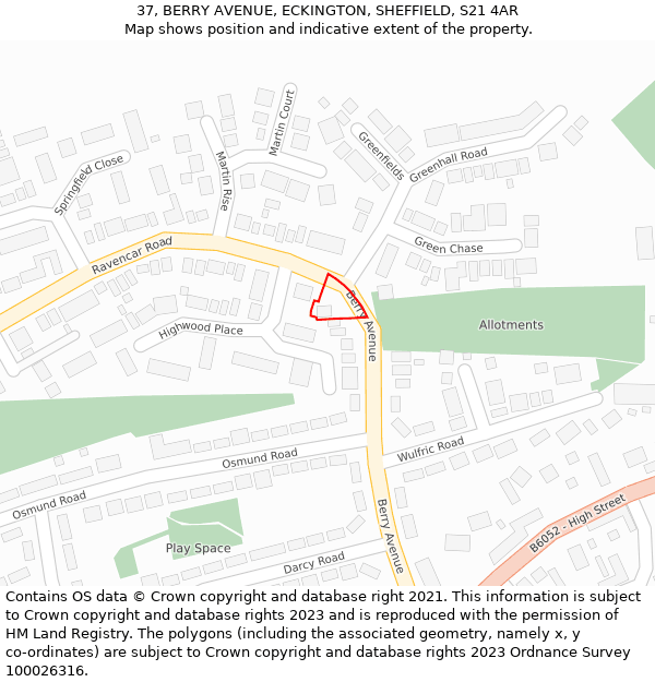 37, BERRY AVENUE, ECKINGTON, SHEFFIELD, S21 4AR: Location map and indicative extent of plot