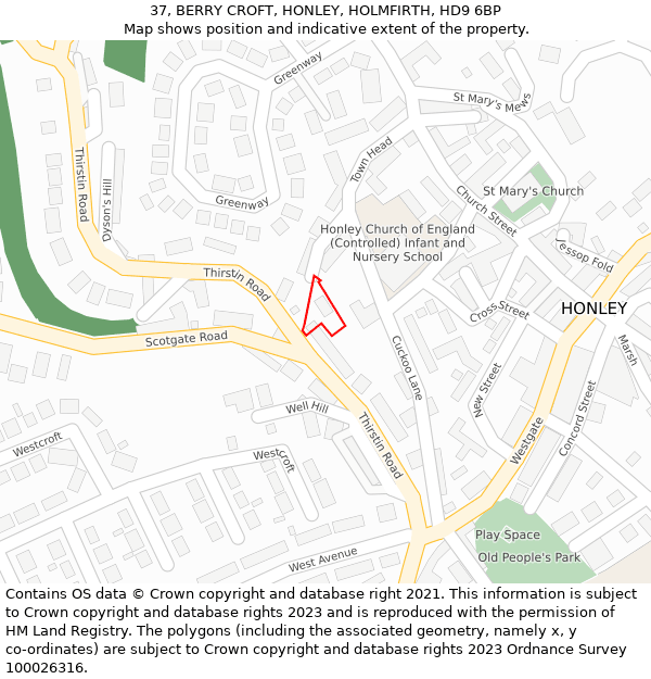 37, BERRY CROFT, HONLEY, HOLMFIRTH, HD9 6BP: Location map and indicative extent of plot