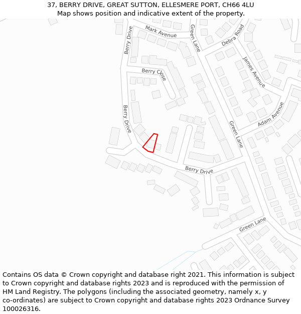 37, BERRY DRIVE, GREAT SUTTON, ELLESMERE PORT, CH66 4LU: Location map and indicative extent of plot