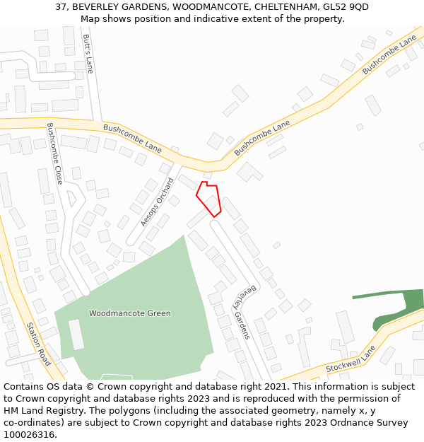 37, BEVERLEY GARDENS, WOODMANCOTE, CHELTENHAM, GL52 9QD: Location map and indicative extent of plot