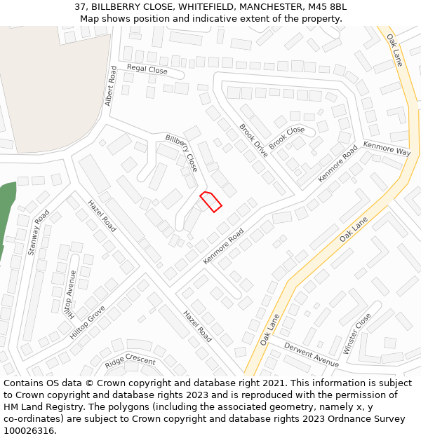 37, BILLBERRY CLOSE, WHITEFIELD, MANCHESTER, M45 8BL: Location map and indicative extent of plot