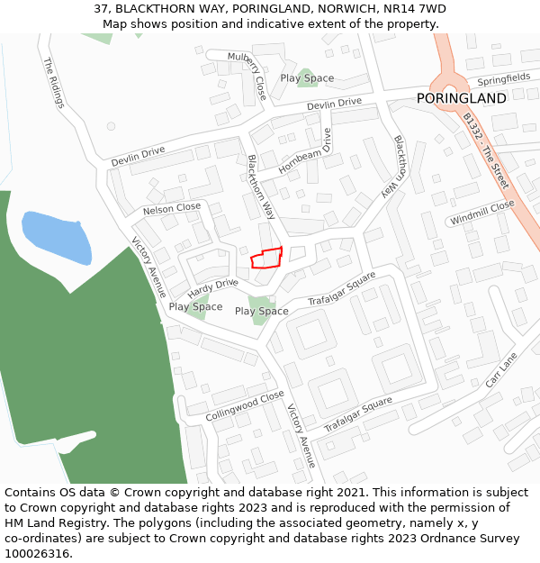 37, BLACKTHORN WAY, PORINGLAND, NORWICH, NR14 7WD: Location map and indicative extent of plot