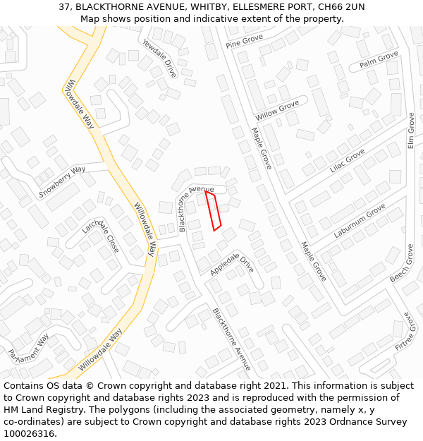 37, BLACKTHORNE AVENUE, WHITBY, ELLESMERE PORT, CH66 2UN: Location map and indicative extent of plot