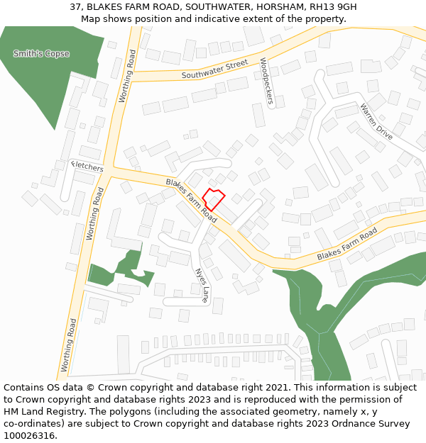 37, BLAKES FARM ROAD, SOUTHWATER, HORSHAM, RH13 9GH: Location map and indicative extent of plot