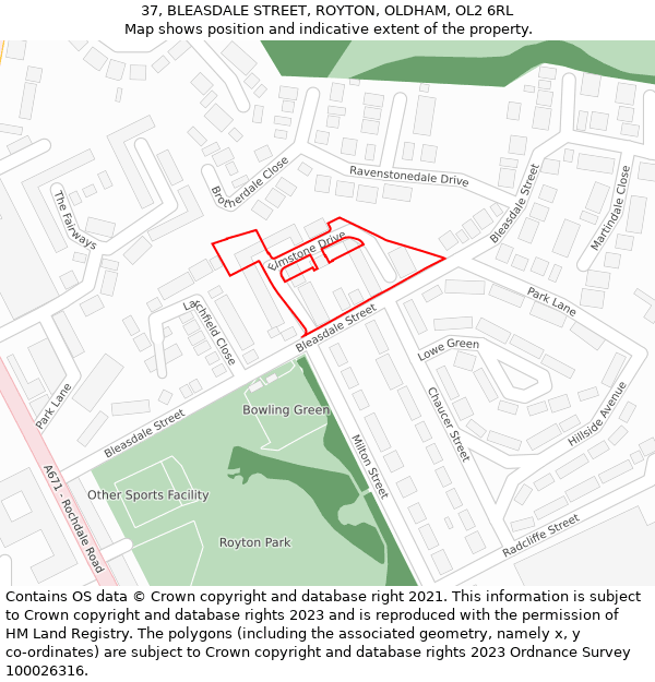 37, BLEASDALE STREET, ROYTON, OLDHAM, OL2 6RL: Location map and indicative extent of plot