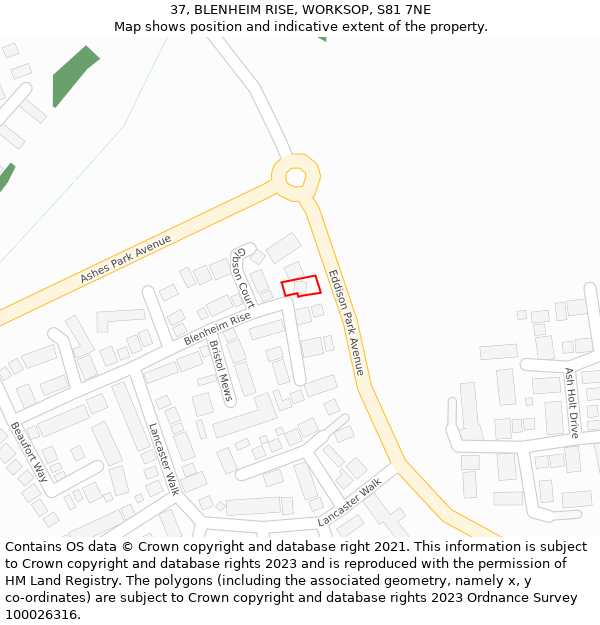 37, BLENHEIM RISE, WORKSOP, S81 7NE: Location map and indicative extent of plot