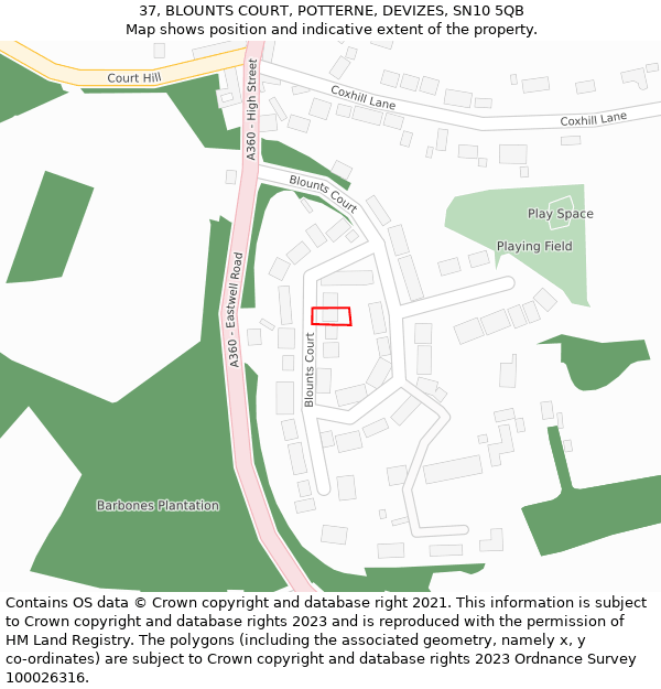 37, BLOUNTS COURT, POTTERNE, DEVIZES, SN10 5QB: Location map and indicative extent of plot