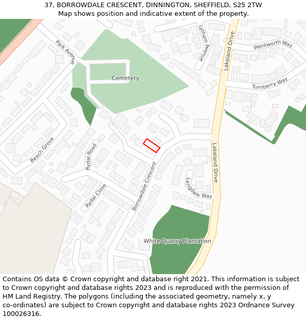 37, BORROWDALE CRESCENT, DINNINGTON, SHEFFIELD, S25 2TW: Location map and indicative extent of plot