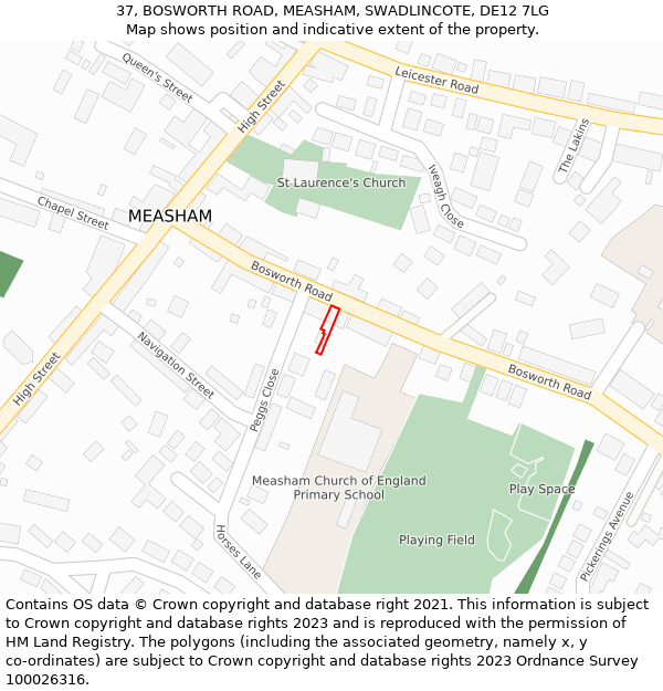 37, BOSWORTH ROAD, MEASHAM, SWADLINCOTE, DE12 7LG: Location map and indicative extent of plot