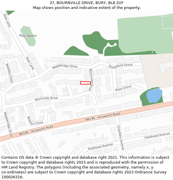 37, BOURNVILLE DRIVE, BURY, BL8 2UF: Location map and indicative extent of plot