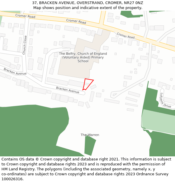 37, BRACKEN AVENUE, OVERSTRAND, CROMER, NR27 0NZ: Location map and indicative extent of plot