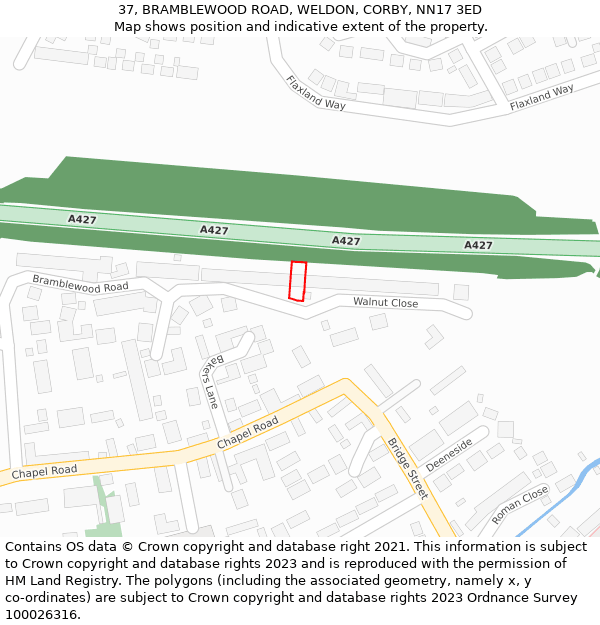 37, BRAMBLEWOOD ROAD, WELDON, CORBY, NN17 3ED: Location map and indicative extent of plot