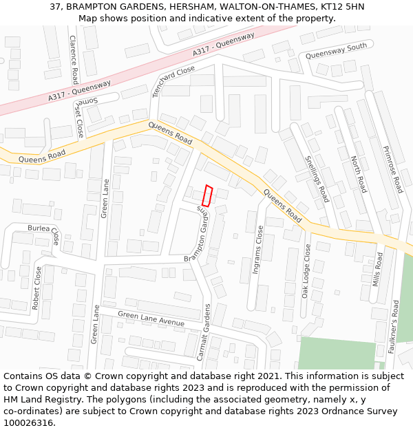 37, BRAMPTON GARDENS, HERSHAM, WALTON-ON-THAMES, KT12 5HN: Location map and indicative extent of plot