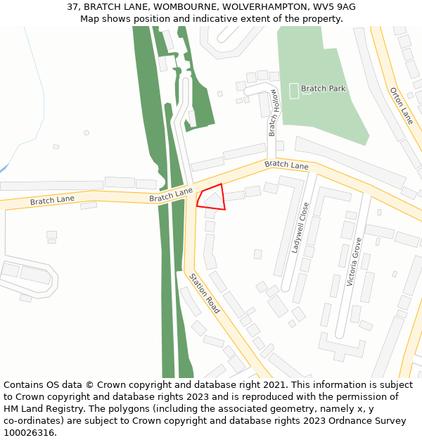 37, BRATCH LANE, WOMBOURNE, WOLVERHAMPTON, WV5 9AG: Location map and indicative extent of plot