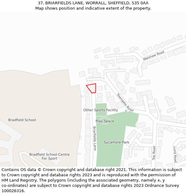 37, BRIARFIELDS LANE, WORRALL, SHEFFIELD, S35 0AA: Location map and indicative extent of plot