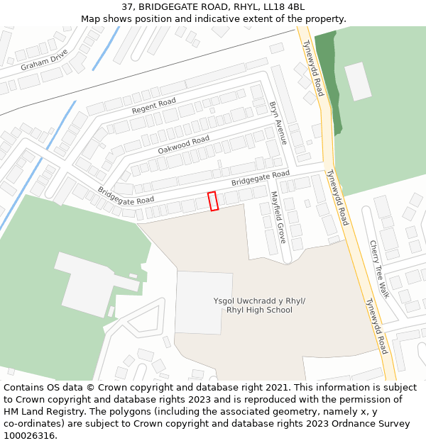 37, BRIDGEGATE ROAD, RHYL, LL18 4BL: Location map and indicative extent of plot