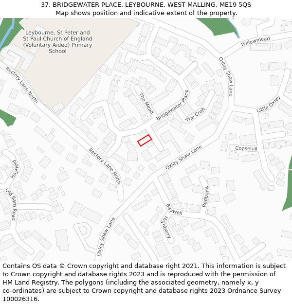 37, BRIDGEWATER PLACE, LEYBOURNE, WEST MALLING, ME19 5QS: Location map and indicative extent of plot